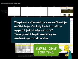 Zlepšili jsme
load time.
Zlepšení celkového času načtení je
určitě fajn. Co když ale timeline
vypadá jako tady nahoře?
Jsou prostě lepší metriky na
měření rychlosti webu.
 