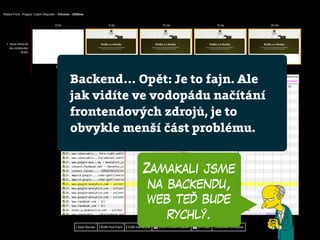 Zamakali jsme
na backendu,
web teď bude
rychlý.
Backend… Opět: Je to fajn. Ale
jak vidíte ve vodopádu načítání
frontendových zdrojů, je to
obvykle menší část problému.
 