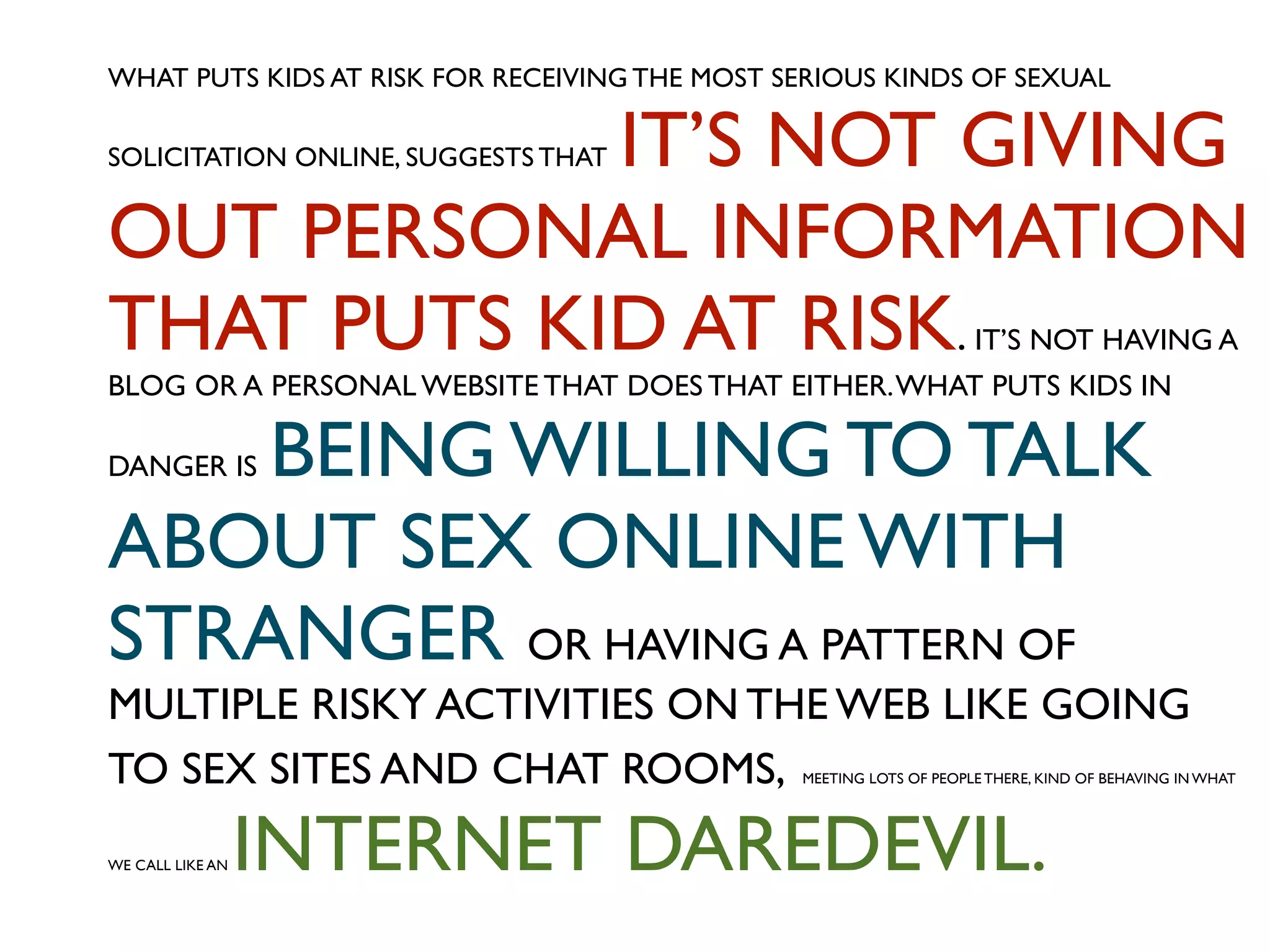 WHAT PUTS KIDS AT RISK FOR RECEIVING THE MOST SERIOUS KINDS OF SEXUAL

            IT’S NOT GIVING
SOLICITATION ONLINE, SUGGESTS THAT


OUT PERSONAL INFORMATION
THAT PUTS KID AT RISK.                                              IT’S NOT HAVING A
BLOG OR A PERSONAL WEBSITE THAT DOES THAT EITHER. WHAT PUTS KIDS IN

    BEING WILLING TO TALK
DANGER IS


ABOUT SEX ONLINE WITH
STRANGER OR HAVING A PATTERN OF
MULTIPLE RISKY ACTIVITIES ON THE WEB LIKE GOING
TO SEX SITES AND CHAT ROOMS,                   MEETING LOTS OF PEOPLE THERE, KIND OF BEHAVING IN WHAT




WE CALL LIKE AN   INTERNET DAREDEVIL.
 