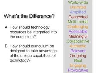 World-wide
                                     Unlimited
                                     Ampliﬁed
What’s the Difference?              Connected
                                   Multi-modal
A. How should technology           Challenging
   resources be integrated into     Accessible
   the curriculum?                  Meaningful
                                   Collaborative
B. How should curriculum be          Authentic
   designed to take advantage        Relevant
   of the unique capabilities of     On-going
   technology?                         Real
                                     Engaging
                                   Provocative
 