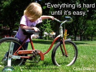 “Everything is hard
                                 until itʼs easy.”




http://www.ﬂickr.com/photos/jonnyhunter/1043775061/   Carol Dweck
 