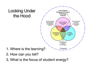 Looking Under
   the Hood




1. Where is the learning?
2. How can you tell?
3. What is the focus of student energy?
 