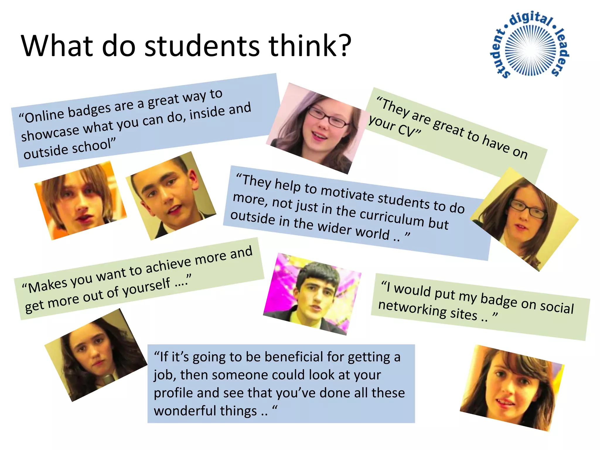 What do students think?
“If it’s going to be beneficial for getting a
job, then someone could look at your
profile and see that you’ve done all these
wonderful things .. “
 