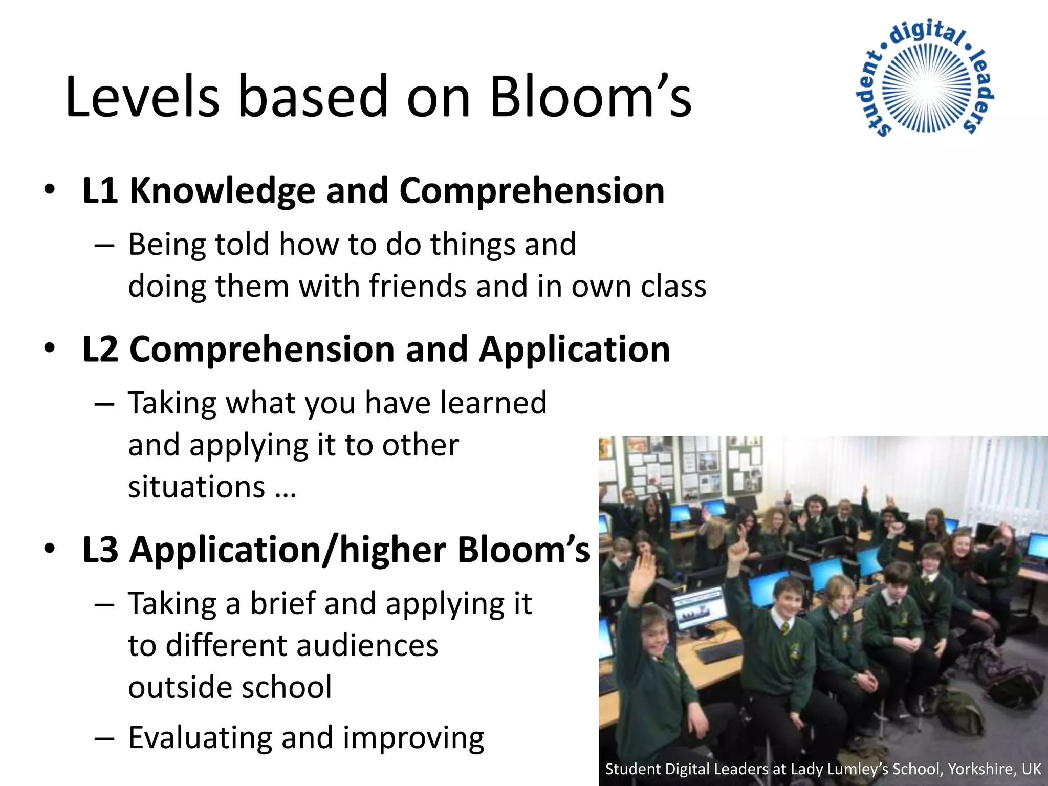 • L1 Knowledge and Comprehension
– Being told how to do things and
doing them with friends and in own class
• L2 Comprehension and Application
– Taking what you have learned
and applying it to other
situations …
• L3 Application/higher Bloom’s
– Taking a brief and applying it
to different audiences
outside school
– Evaluating and improving
Levels based on Bloom’s
Student Digital Leaders at Lady Lumley’s School, Yorkshire, UK
 
