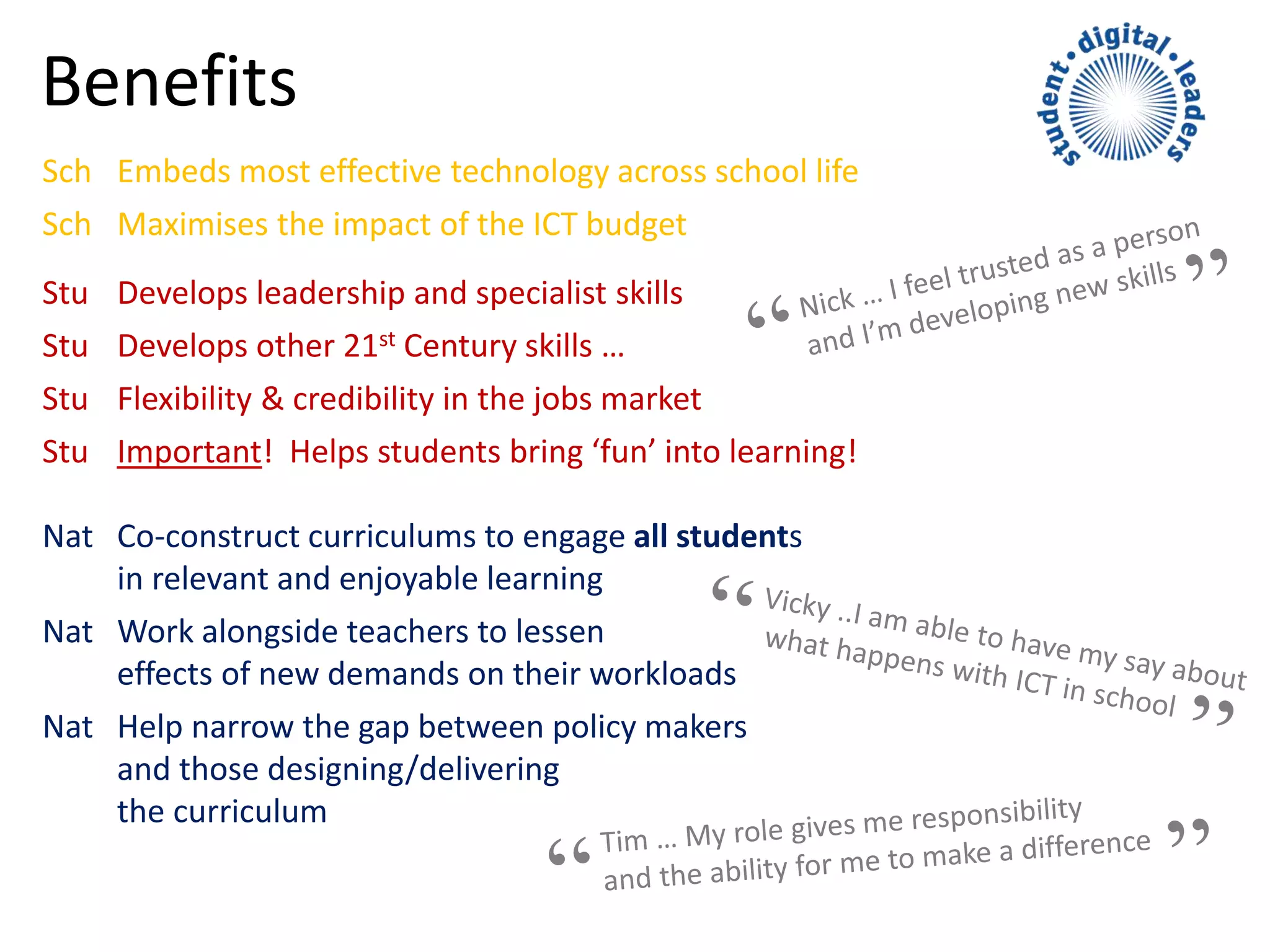 Benefits
Sch Embeds most effective technology across school life
Sch Maximises the impact of the ICT budget
Stu Develops leadership and specialist skills
Stu Develops other 21st Century skills …
Stu Flexibility & credibility in the jobs market
Stu Important! Helps students bring ‘fun’ into learning!
Nat Co-construct curriculums to engage all students
in relevant and enjoyable learning
Nat Work alongside teachers to lessen
effects of new demands on their workloads
Nat Help narrow the gap between policy makers
and those designing/delivering
the curriculum
 