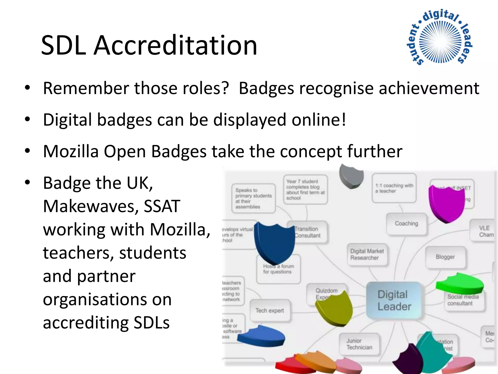 SDL Accreditation
• Remember those roles? Badges recognise achievement
• Digital badges can be displayed online!
• Mozilla Open Badges take the concept further
• Badge the UK,
Makewaves, SSAT
working with Mozilla,
teachers, students
and partner
organisations on
accrediting SDLs
 