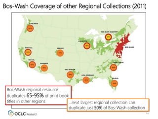 14
Bos-Wash Coverage of other Regional Collections (2011)
Bos-Wash regional resource
duplicates 65-95% of print book
titles in other regions …next largest regional collection can
duplicate just 50% of Bos-Wash collection
 