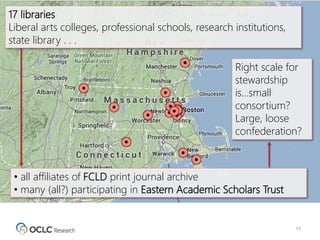 17
17 libraries
Liberal arts colleges, professional schools, research institutions,
state library . . .
• all affiliates of FCLD print journal archive
• many (all?) participating in Eastern Academic Scholars Trust
Right scale for
stewardship
is…small
consortium?
Large, loose
confederation?
 