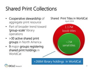 >266M library holdings in WorldCat
Shared Print Collections
• Cooperative stewardship of
aggregate print resource
• Part of broader trend toward
‘group-scale’ library
operations
• >30 active shared print
groups in North America
• 9 major groups registering
shared print holdings in
WorldCat
22
Shared Print Titles in WorldCat
April 2014
 