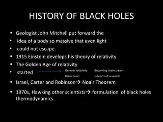HISTORY OF BLACK HOLES
•
•
•
•
•
•

Geologist John Mitchell put forward the
idea of a body so massive that even light
could not escape.
1915 Einstein develops his theory of relativity
The Golden Age of relativity
General relativity
Becoming mainstream
started
Black holes

subjects of research

• Israel, Carter and Robinson Noair Theorem
• 1970s, Hawking other scientists formulation of black holes
thermodynamics.

 
