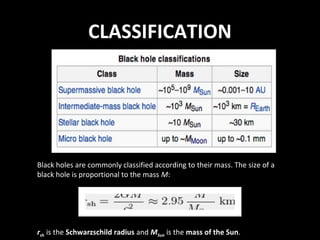 CLASSIFICATION

Black holes are commonly classified according to their mass. The size of a
black hole is proportional to the mass M:

rsh is the Schwarzschild radius and MSun is the mass of the Sun.

 