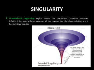 SINGULARITY
 Gravitational singularity: region where the space-time curvature becomes
infinite. It has zero volume, contains all the mass of the black hole solution and it
has infinitive density.

 