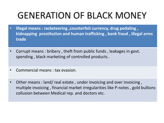 GENERATION OF BLACK MONEY
• Illegal means : racketeering ,counterfeit currency, drug pedaling ,
kidnapping prostitution and human trafficking , bank fraud , illegal arms
trade
• Corrupt means : bribery , theft from public funds , leakages in govt.
spending , black marketing of controlled products .
• Commercial means : tax evasion.
• Other means : land/ real estate , under invoicing and over invoicing ,
multiple invoicing , financial market irregularities like P-notes , gold bullions
collusion between Medical rep. and doctors etc.
 