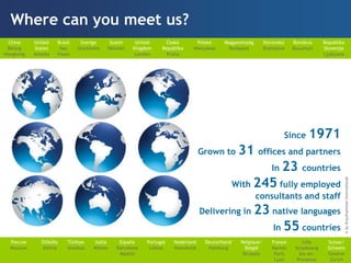 Where can you meet us?
 China     United    Brasil     Sverige    Suomi      United           Česká       Polska       Magyarország        Slovensko    România       Republika
 Beijng    States     Sao     Stockholm   Helsinki   Kingdom         Republika    Warszawa       Budapest           Bratislava   București     Slovenija
Hongkong   Atlanta   Paulo                            London           Praha                                                                   Ljubljana




                                                                                                                             Since 1971
                                                                                       Grown to        31 offices and partners
                                                                                                              In 23 countries
                                                                                                      With 245 fully employed




                                                                                                                                                       © by Krauthammer International International
                                                                                                               consultants and staff




                                                                                                                                                                    © by Krauthammer
                                                                                       Delivering in 23 native languages
                                                                                                                        In 55 countries
  Россия      Ελλάδα     Türkiye    Italia     España        Portugal      Nederland    Deutschland     Belgique/       France       Lille      Suisse/
  Moscow      Athina     Istanbul   Milano    Barcelona       Lisboa       Noordwijk     Hamburg          België        Nantes    Strasbourg    Schweiz
                                               Madrid                                                    Brussels        Paris      Aix-en-     Genève
                                                © by Krauthammer International
                                                                                                                         Lyon      Provence      Zürich
 