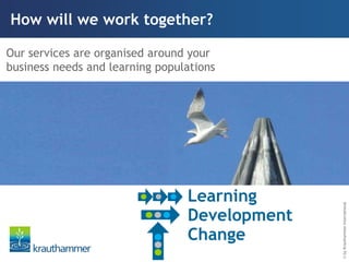 How will we work together?

Our services are organised around your
business needs and learning populations




                                 Learning




                                               © by Krauthammer International
                                 Development
                                 Change
 
