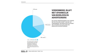 BRAND LEADERS DEBAT “PRIVACY” 2013
VERDIENMODEL BLIJFT
NIET AFHANKELIJK
VAN BEDRIJVEN EN
ADVERTEERDERS
64% VAN DE ONDERVRAAGDEN IS HET ONEENS
MET DE STELLING EN GEEFT AAN DAT HET
VERDIENMODEL VAN BEDRIJVEN OP INTERNET
NIET AFHANKELIJK ZAL BLIJVEN VAN
BEDRIJVEN EN ADVERTEERDERS.
22% eens
14% neutraal
64% oneens
Het verdienmodel van bedrijven
op Internet blijft in grote mate
afhankelijk van bedrijven en
adverteerders. Consumenten
moeten daar maar aan wennen.
Ook als dat ten koste gaat van hun
privacy
STELLING 12
EENS NEUTRAAL ONEENS
 