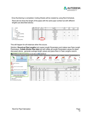 Revit for Pipe Fabrication Page
12
Once Numbering is completed, Cutting Sheets will be created by using Revit Schedule.
Revit will not show the length of the pipes with the same pipe number but with different
lengths (as described above):
This will happen for all instances when this occurs.
Solution: Round-up Pipe Lengths tool copies Length Parameters and makes new Fake Length
Parameters. Collate Similar Pipe data tool will collate all Length Parameters values for pipes
discussed above, generate average length values and place them in Fake Lengths column.
 