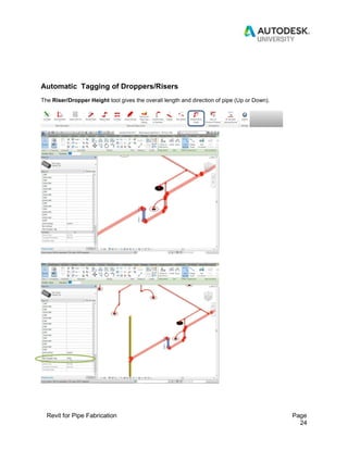 Revit for Pipe Fabrication Page
24
Automatic Tagging of Droppers/Risers
The Riser/Dropper Height tool gives the overall length and direction of pipe (Up or Down).
 