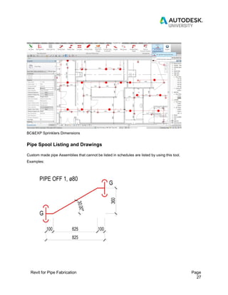 Revit for Pipe Fabrication Page
27
BC&EXP Sprinklers Dimensions
Pipe Spool Listing and Drawings
Custom made pipe Assemblies that cannot be listed in schedules are listed by using this tool.
Examples:
 