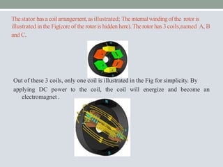 Thestator hasacoilarrangement,asillustrated; Theinternalwindingofthe rotor is
illustrated in the Fig(core of the rotor is hidden here).Therotor has 3 coils,named A, B
and C.
Out of these 3 coils, only one coil is illustrated in the Fig for simplicity. By
applying DC power to the coil, the coil will energize and become an
electromagnet .
 