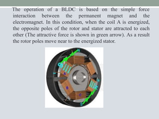 The operation of a BLDC is based on the simple force
interaction between the permanent magnet and the
electromagnet. In this condition, when the coil A is energized,
the opposite poles of the rotor and stator are attracted to each
other (The attractive force is shown in green arrow). As a result
the rotor poles move near to the energized stator.
 