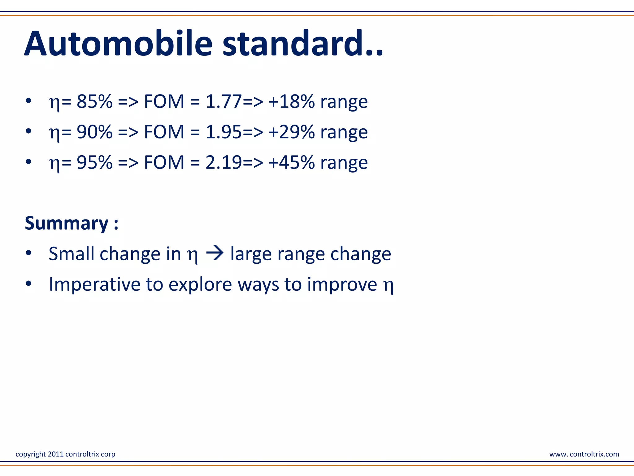 Automobile standard..
  •           = 85% => FOM = 1.77=> +18% range
  •           = 90% => FOM = 1.95=> +29% range
  •           = 95% => FOM = 2.19=> +45% range

  Summary :
  • Small change in  large range change
  • Imperative to explore ways to improve




copyright 2011 controltrix corp                  www. controltrix.com
 