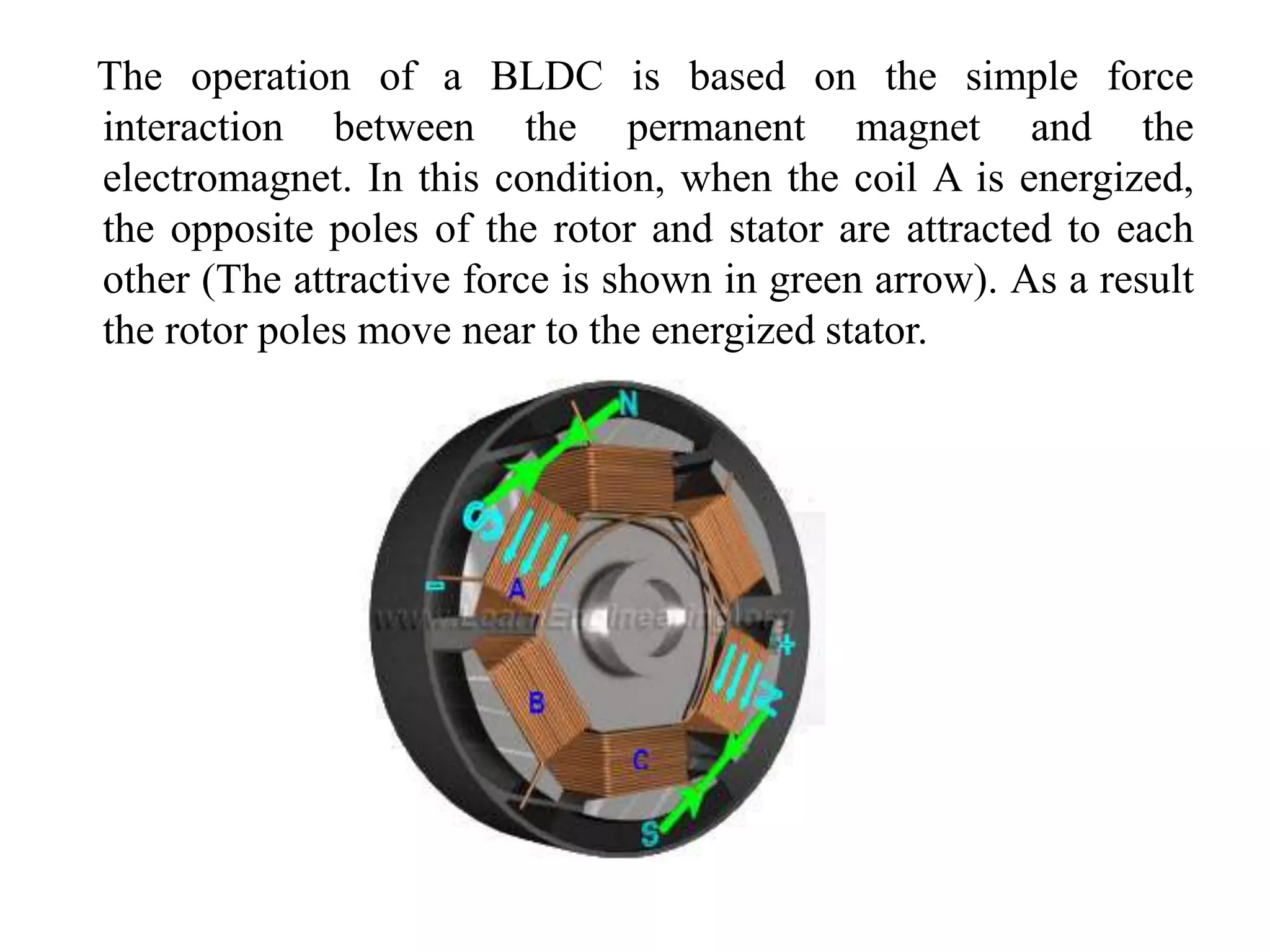 The operation of a BLDC is based on the simple force
interaction between the permanent magnet and the
electromagnet. In this condition, when the coil A is energized,
the opposite poles of the rotor and stator are attracted to each
other (The attractive force is shown in green arrow). As a result
the rotor poles move near to the energized stator.
 
