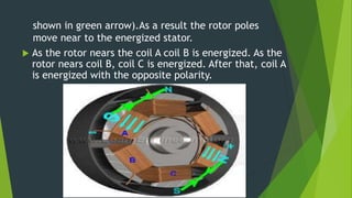 shown in green arrow).As a result the rotor poles
move near to the energized stator.
 As the rotor nears the coil A coil B is energized. As the
rotor nears coil B, coil C is energized. After that, coil A
is energized with the opposite polarity.
 