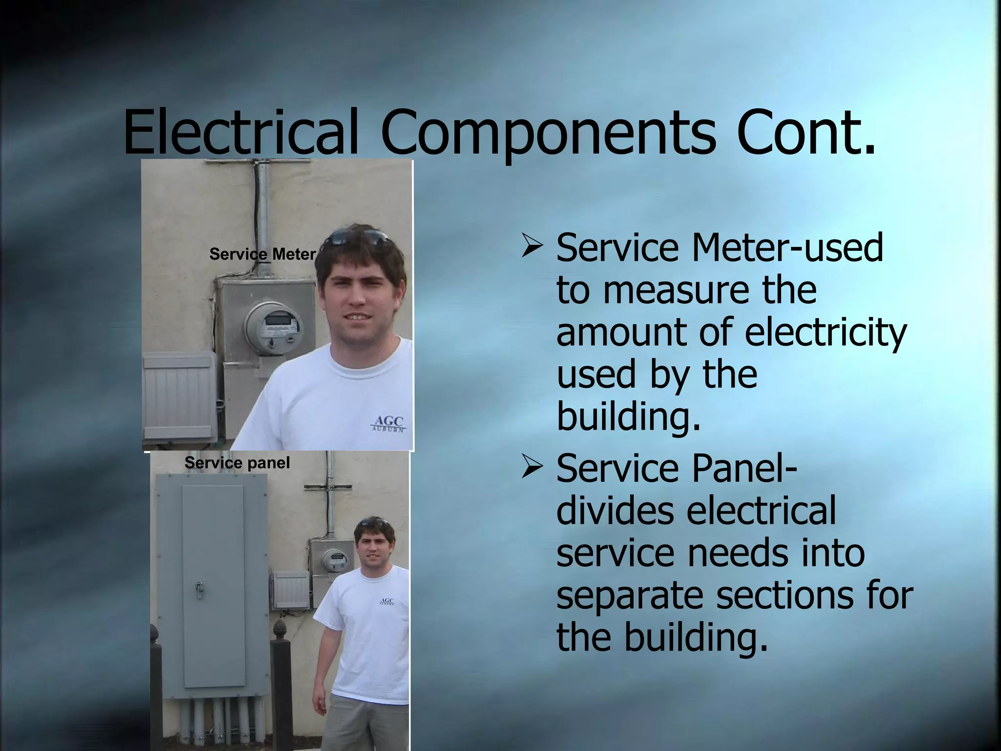 Electrical Components Cont. Service Meter-used to measure the amount of electricity used by the building. Service Panel-divides electrical service needs into separate sections for the building. Service panel Service Meter 