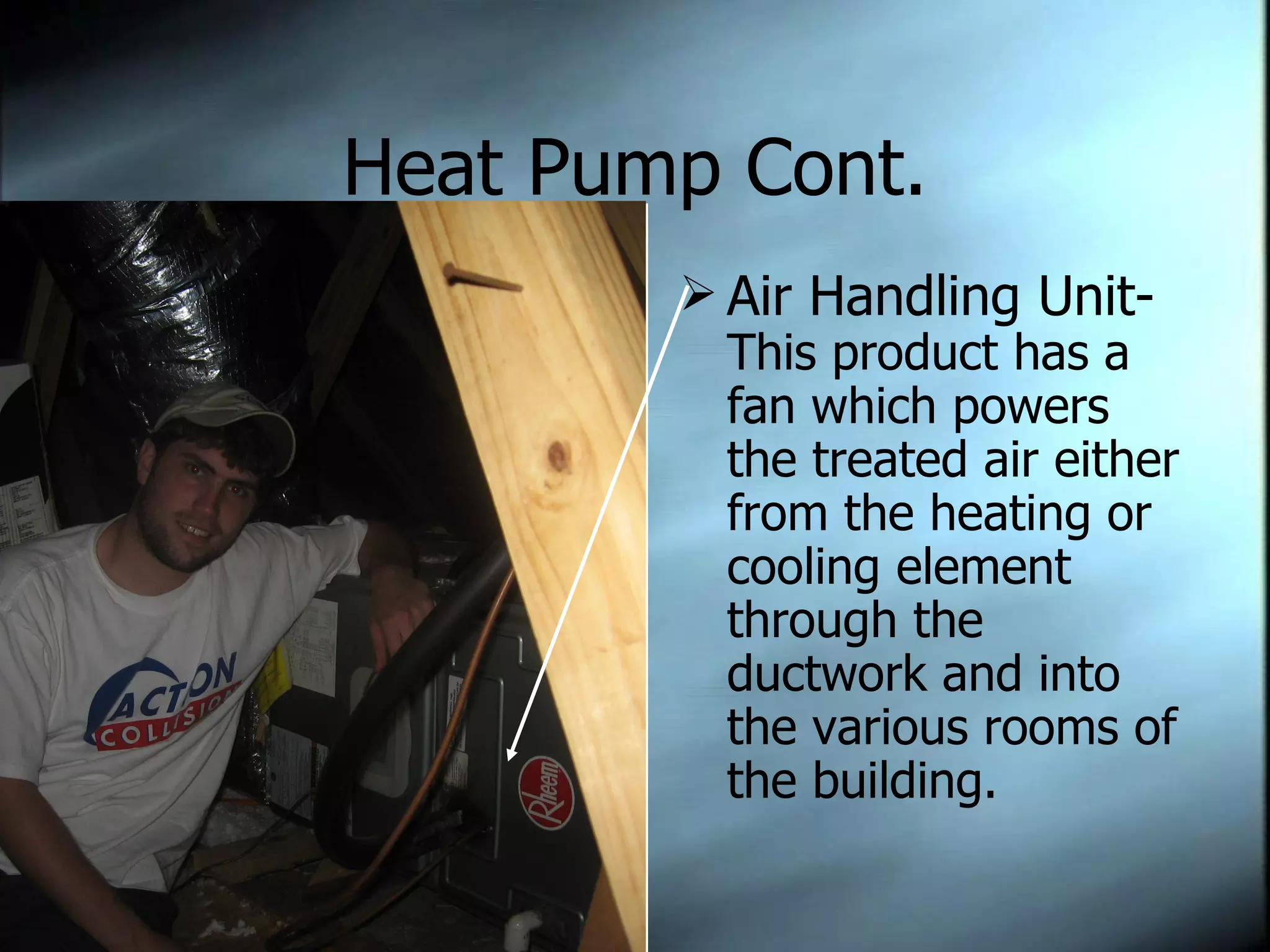 Heat Pump Cont. Air Handling Unit-  This product has a fan which powers the treated air either from the heating or cooling element through the ductwork and into the various rooms of the building. 