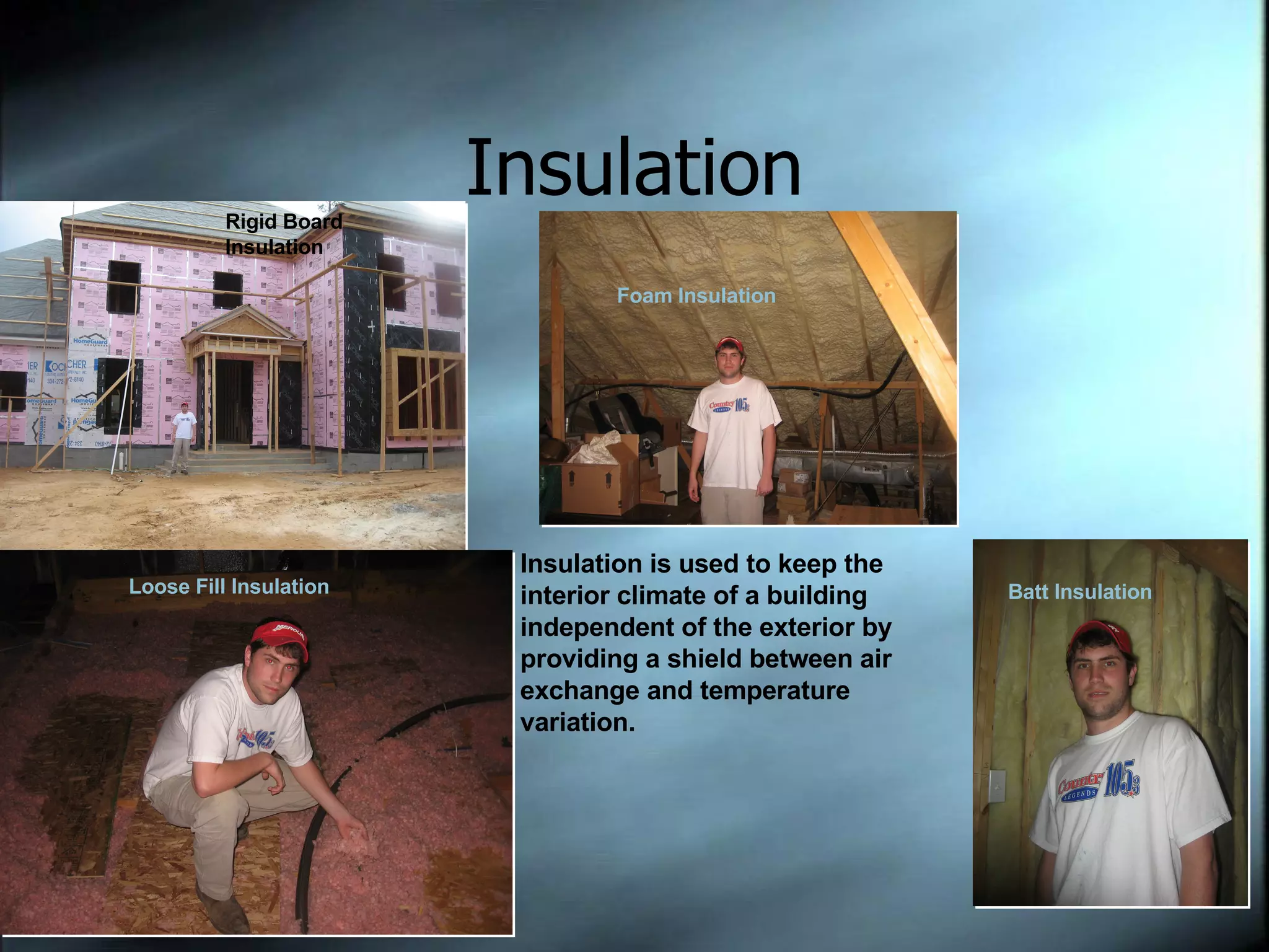 Insulation Rigid Board Insulation Foam Insulation Loose Fill Insulation Batt Insulation Insulation is used to keep the interior climate of a building independent of the exterior by providing a shield between air exchange and temperature variation. 
