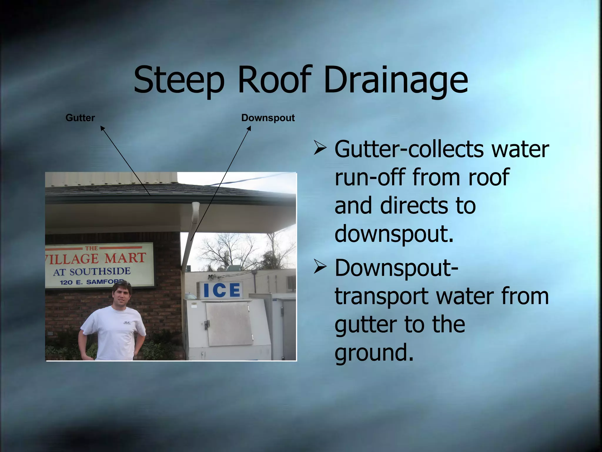 Steep Roof Drainage Gutter-collects water run-off from roof and directs to downspout. Downspout-transport water from gutter to the ground. Gutter Downspout 