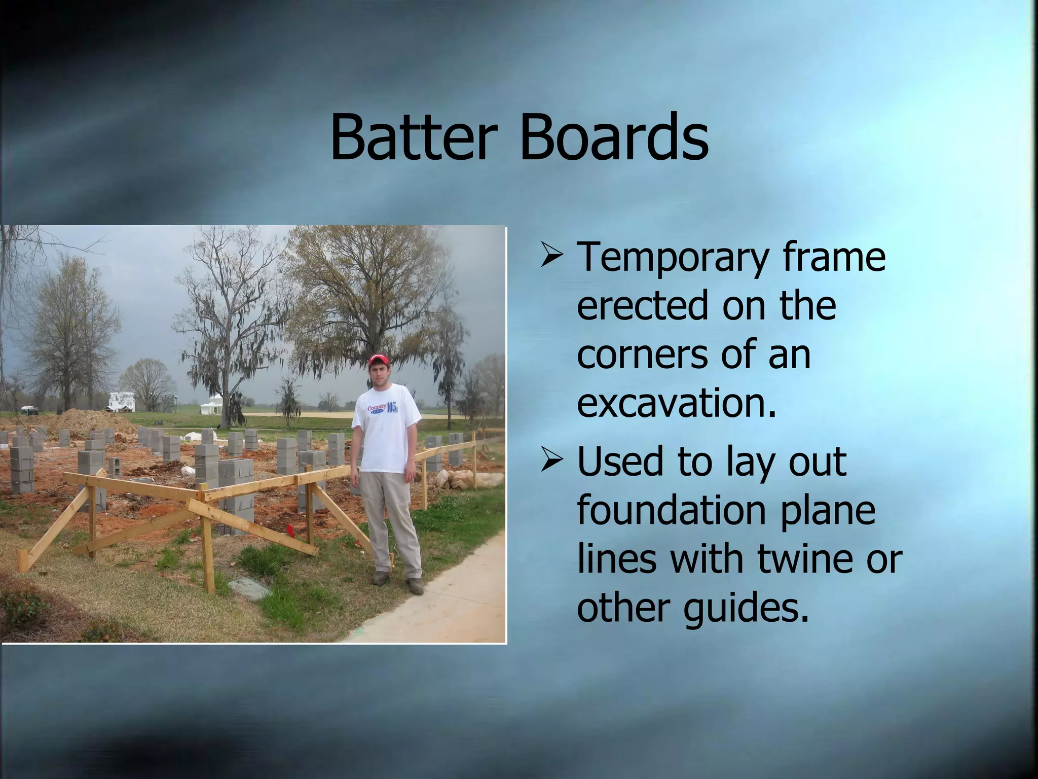 Batter Boards Temporary frame erected on the corners of an excavation. Used to lay out foundation plane lines with twine or other guides. 