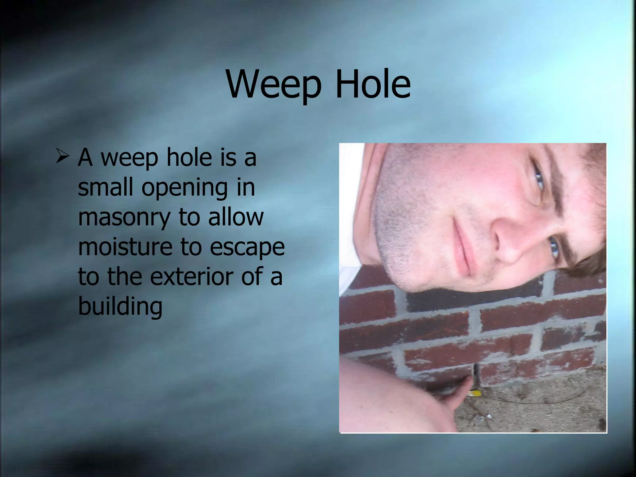 Weep Hole A weep hole is a small opening in masonry to allow moisture to escape to the exterior of a building 