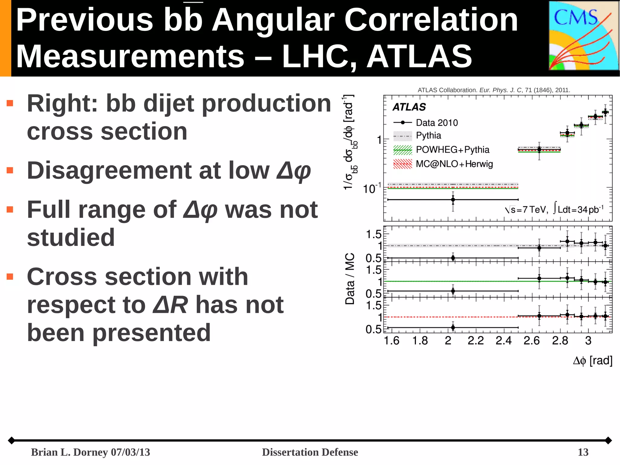Previous bb Angular Correlation
Measurements – LHC, ATLAS







Right: bb dijet production
cross section

ATLAS Collaboration. Eur. Phys. J. C, 71 (1846), 2011.

Disagreement at low Δφ
Full range of Δφ was not
studied
Cross section with
respect to ΔR has not
been presented

Brian L. Dorney 07/03/13

Dissertation Defense

13

 