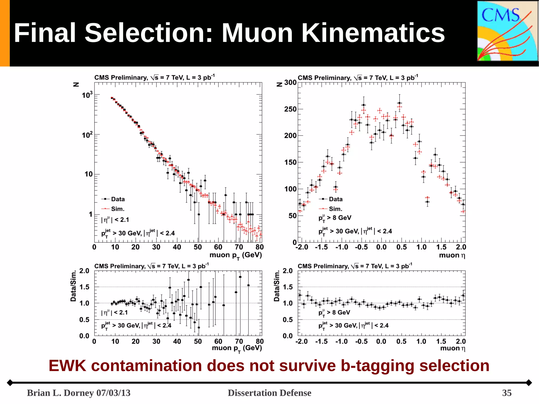 Final Selection: Muon Kinematics

EWK contamination does not survive b-tagging selection
Brian L. Dorney 07/03/13

Dissertation Defense

35

 