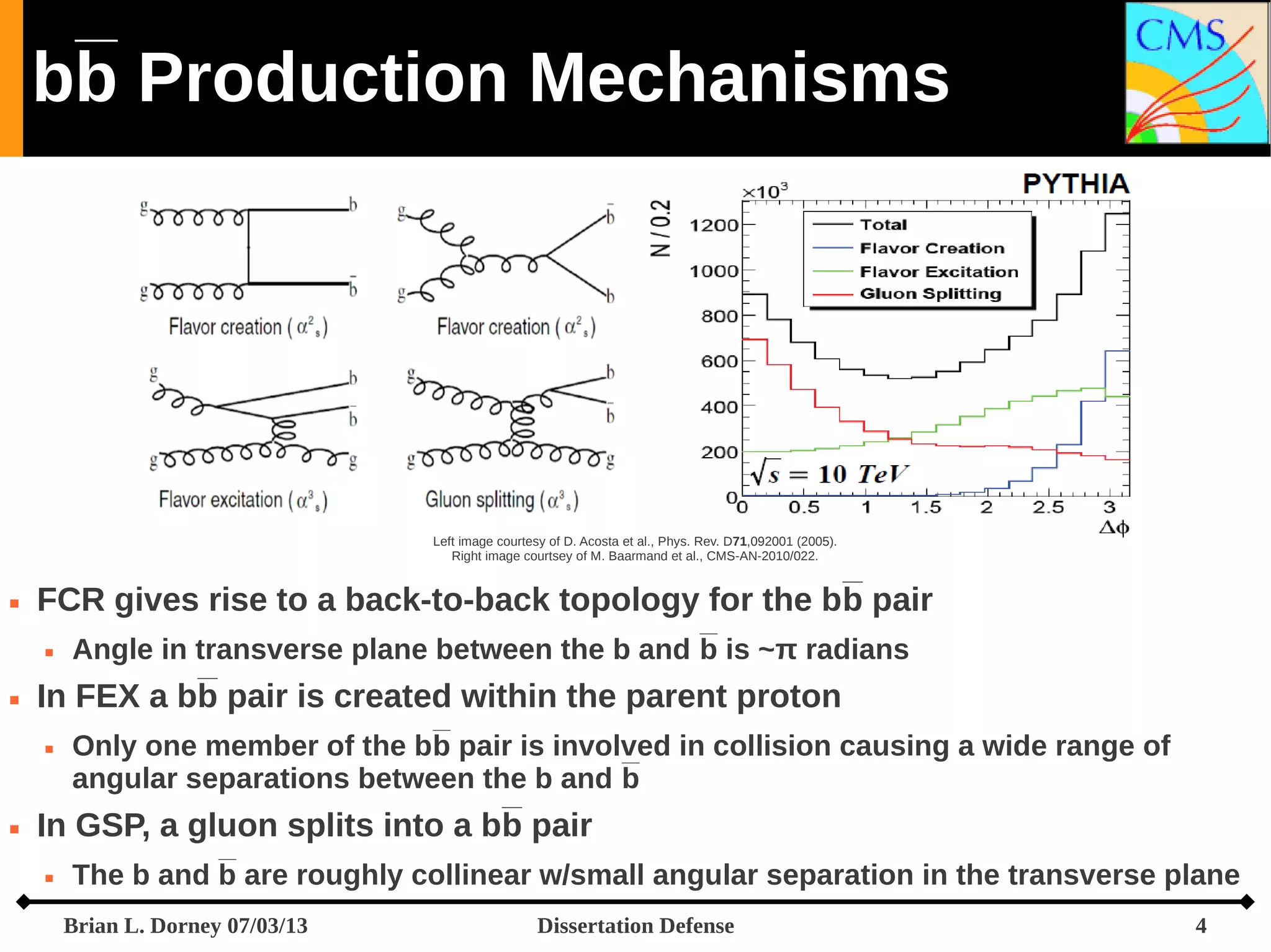 bb Production Mechanisms

Left image courtesy of D. Acosta et al., Phys. Rev. D71,092001 (2005).
Right image courtsey of M. Baarmand et al., CMS-AN-2010/022.



FCR gives rise to a back-to-back topology for the bb pair




In FEX a bb pair is created within the parent proton




Angle in transverse plane between the b and b is ~π radians
Only one member of the bb pair is involved in collision causing a wide range of
angular separations between the b and b

In GSP, a gluon splits into a bb pair


The b and b are roughly collinear w/small angular separation in the transverse plane
Brian L. Dorney 07/03/13

Dissertation Defense

4

 