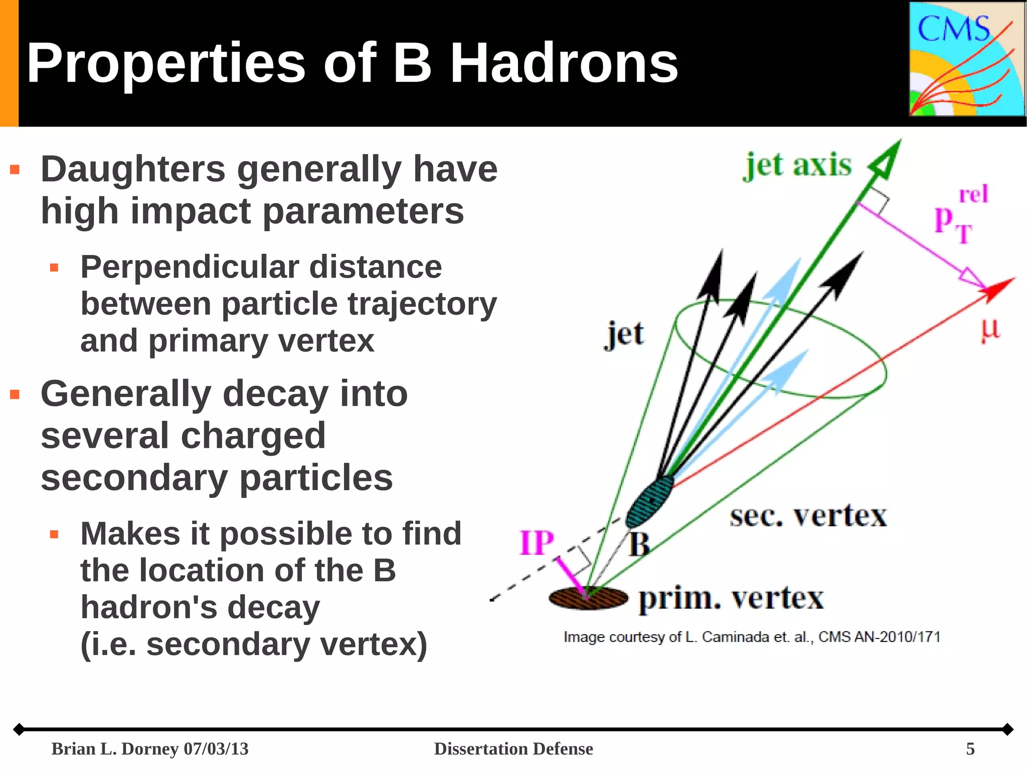 Properties of B Hadrons


Daughters generally have
high impact parameters




Perpendicular distance
between particle trajectory
and primary vertex

Generally decay into
several charged
secondary particles


Makes it possible to find
the location of the B
hadron's decay
(i.e. secondary vertex)

Brian L. Dorney 07/03/13

Dissertation Defense

5

 
