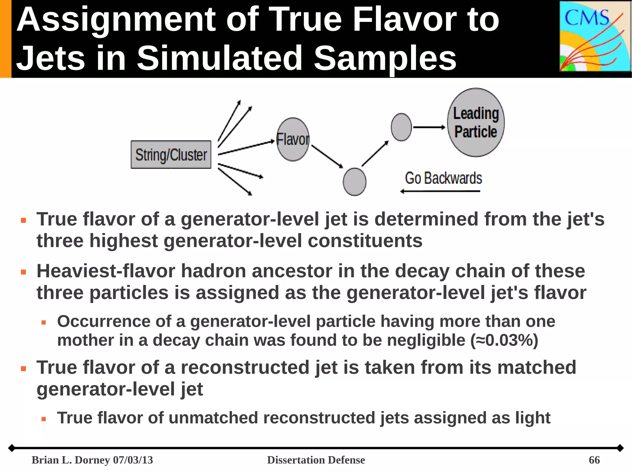 Assignment of True Flavor to
Jets in Simulated Samples





True flavor of a generator-level jet is determined from the jet's
three highest generator-level constituents
Heaviest-flavor hadron ancestor in the decay chain of these
three particles is assigned as the generator-level jet's flavor




Occurrence of a generator-level particle having more than one
mother in a decay chain was found to be negligible (≈0.03%)

True flavor of a reconstructed jet is taken from its matched
generator-level jet


True flavor of unmatched reconstructed jets assigned as light

Brian L. Dorney 07/03/13

Dissertation Defense

66

 