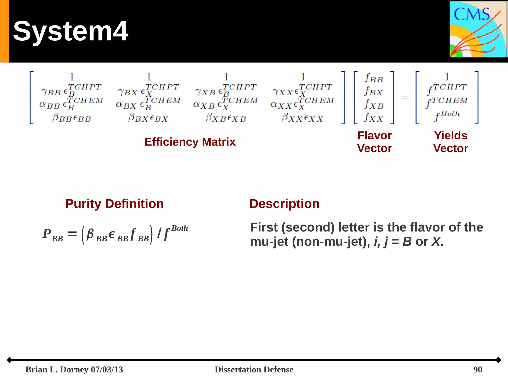 System4

Flavor
Vector

Efficiency Matrix

Purity Definition

P BB =   BB  BB f BB  / f

Brian L. Dorney 07/03/13

Yields
Vector

Description
Both

First (second) letter is the flavor of the
mu-jet (non-mu-jet), i, j = B or X.

Dissertation Defense

90

 