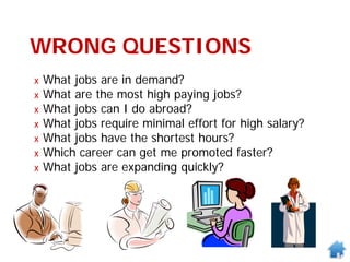 WRONG QUESTIONS
x What jobs are in demand?
x What are the most high paying jobs?
x What jobs can I do abroad?
x What jobs require minimal effort for high salary?
x What jobs have the shortest hours?
x Which career can get me promoted faster?
x What jobs are expanding quickly?
 