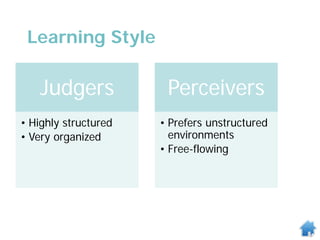 Judgers
• Highly structured
• Very organized
Perceivers
• Prefers unstructured
environments
• Free-flowing
Learning Style
 