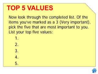 Now look through the completed list. Of the
items you’ve marked as a 3 (Very important),
pick the five that are most important to you.
List your top five values:
1.
2.
3.
4.
5.
TOP 5 VALUES
 
