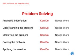 Problem Solving
Analyzing information Can Do Needs Work
Understanding the problem Can Do Needs Work
Identifying the problem Can Do Needs Work
Solving the problem Can Do Needs Work
Applying the solution Can Do Needs Work
Skills for School and Workplace Test
 