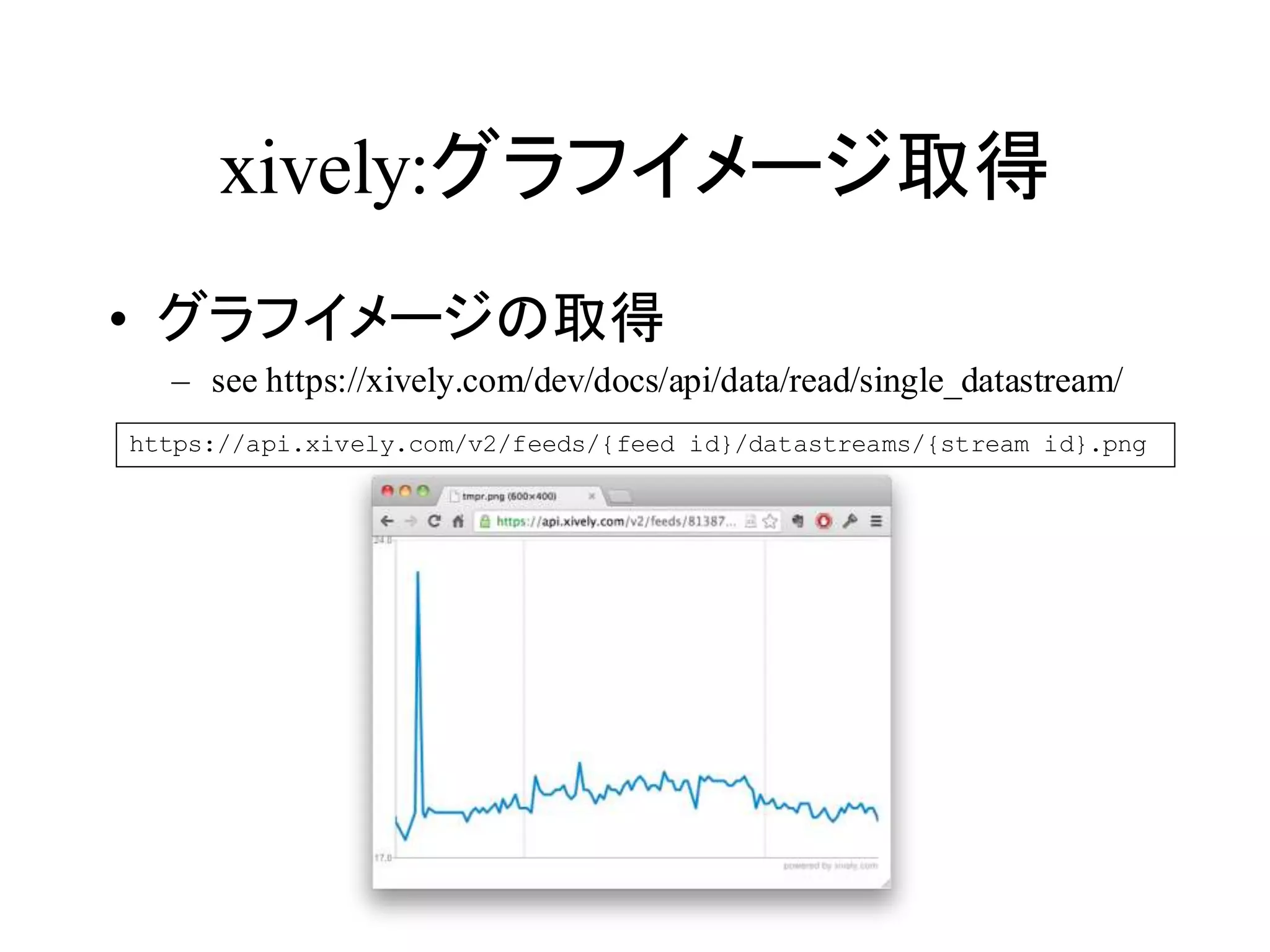 xively:グラフイメージ取得 
• グラフイメージの取得 
– see https://xively.com/dev/docs/api/data/read/single_datastream/ 
https://api.xively.com/v2/feeds/{feed id}/datastreams/{stream id}.png 
 