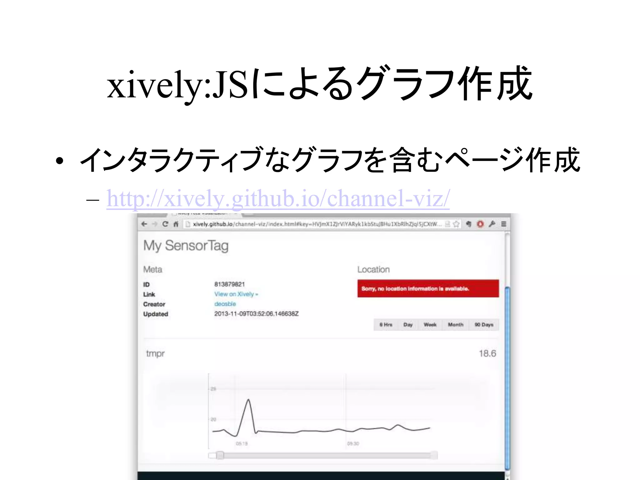 xively:JSによるグラフ作成 
• インタラクティブなグラフを含むページ作成 
– http://xively.github.io/channel-viz/ 
 
