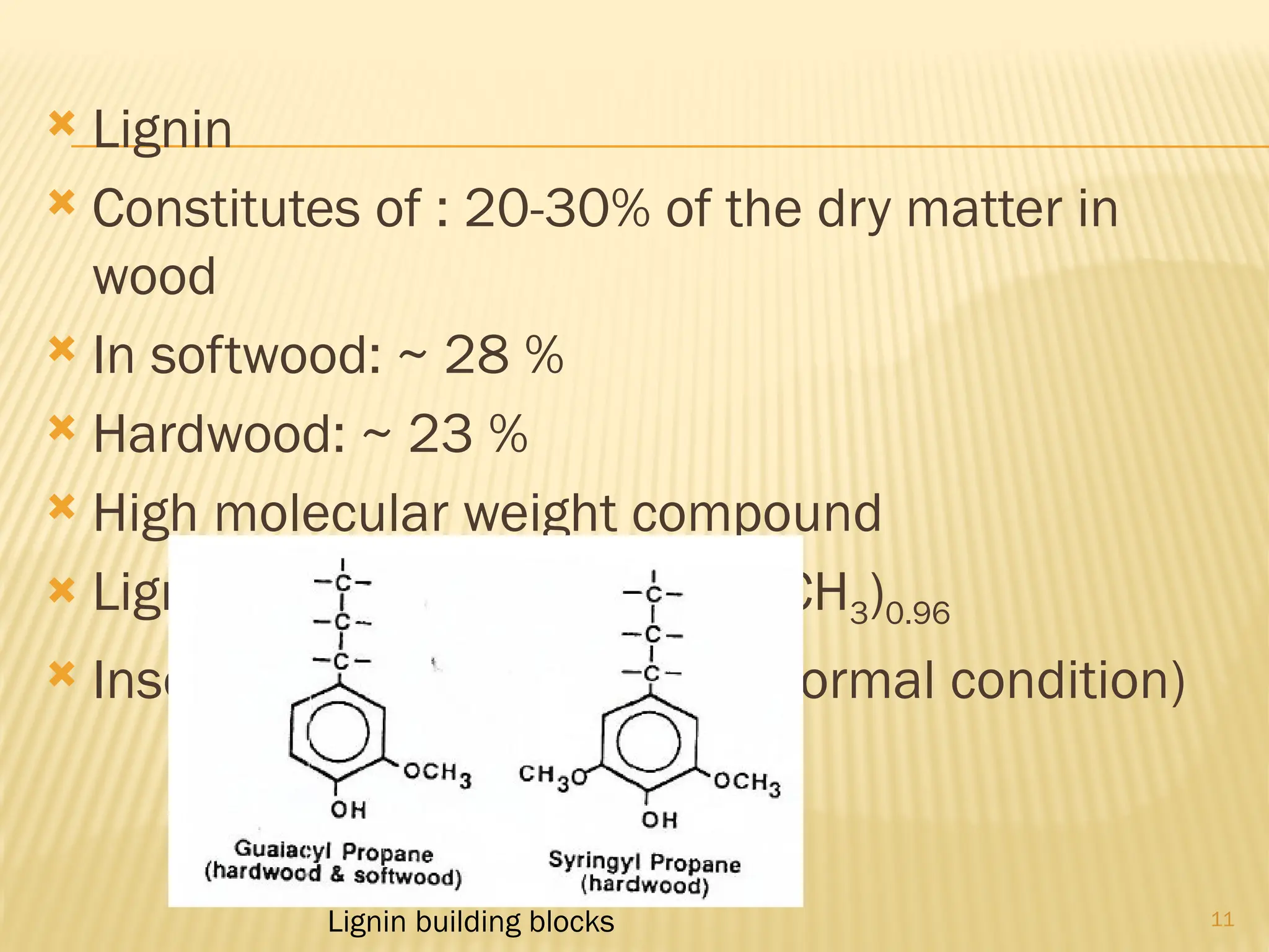 11
 Lignin
 Constitutes of : 20-30% of the dry matter in
wood
 In softwood: ~ 28 %
 Hardwood: ~ 23 %
 High molecular weight compound
 Lignin formula : C9H8.83O2.23(OCH3)0.96
 Insoluble in water /alkali (at normal condition)
Lignin building blocks
 