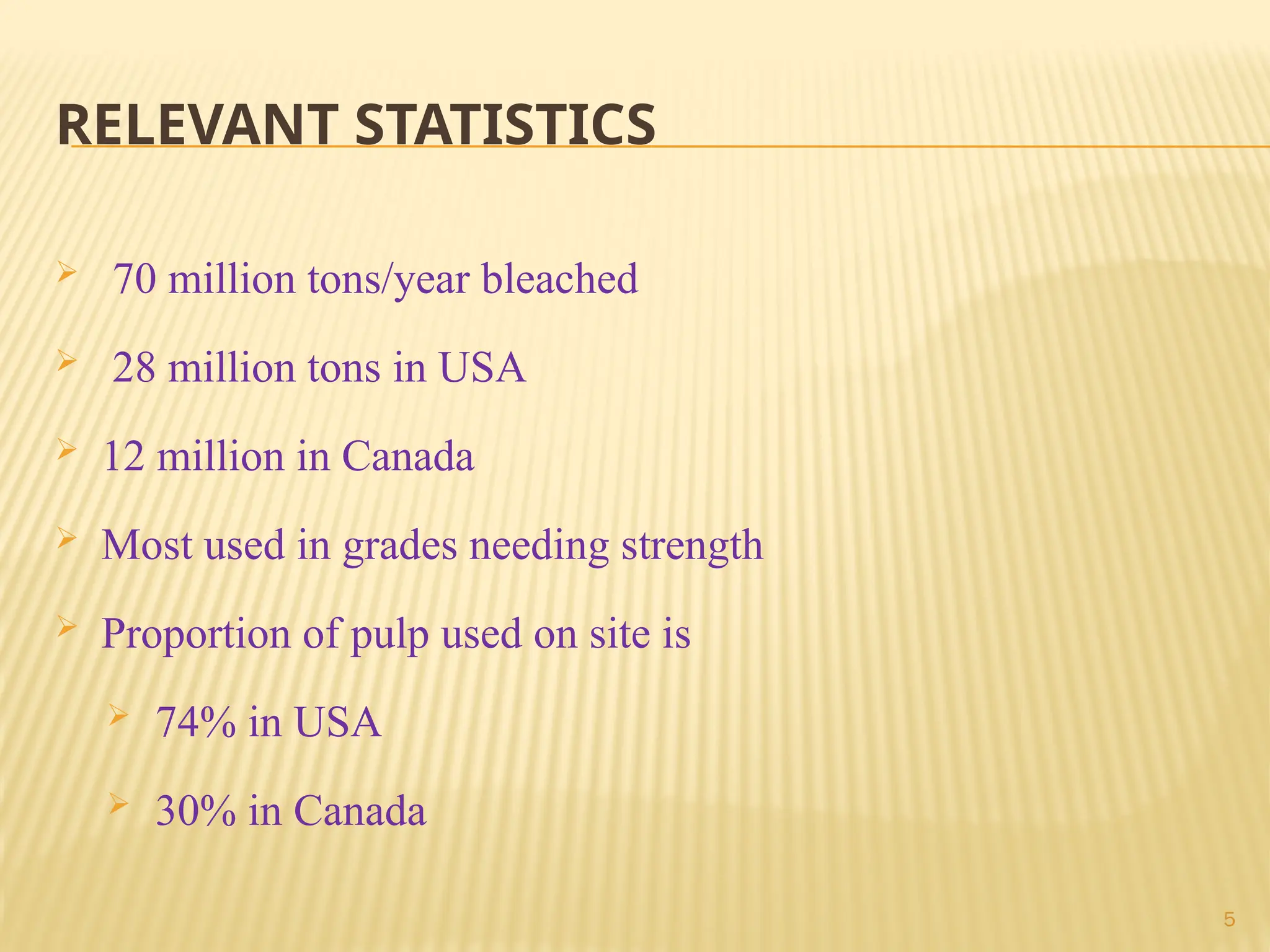 5
RELEVANT STATISTICS
 70 million tons/year bleached
 28 million tons in USA
 12 million in Canada
 Most used in grades needing strength
 Proportion of pulp used on site is
 74% in USA
 30% in Canada
 