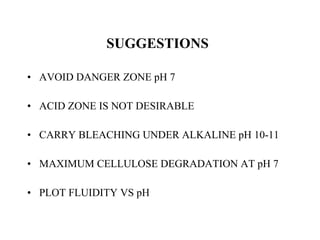 SUGGESTIONS   AVOID DANGER ZONE pH 7 ACID ZONE IS NOT DESIRABLE CARRY BLEACHING UNDER ALKALINE pH 10-11 MAXIMUM CELLULOSE DEGRADATION AT pH 7 PLOT FLUIDITY VS pH 