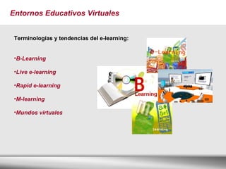 Entornos Educativos Virtuales Terminologías y tendencias del e-learning: B-Learning Live e-learning Rapid e-learning M-learning Mundos virtuales 